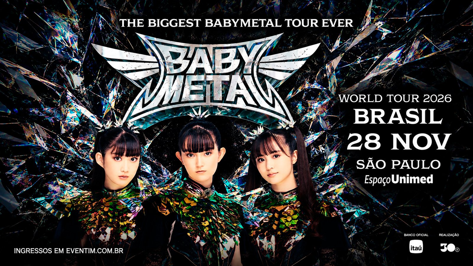 Arte da World Tour 2026 do BABYMETAL com as três integrantes, data 28 NOV e Espaço Unimed, em São Paulo