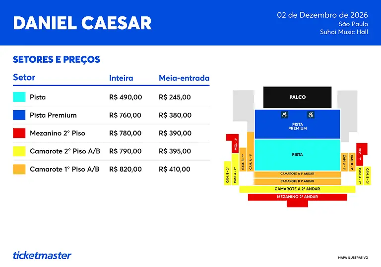 Mapa oficial dos setores e tabela de preços do show de Daniel Caesar na Suhai Music Hall