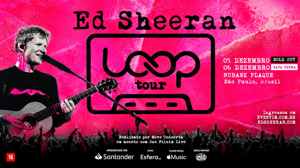 Ed Sheeran, Loop Tour em São Paulo, em 5 e 6 de dezembro de 2026 no Nubank Parque; arte rosa e preta fornecida