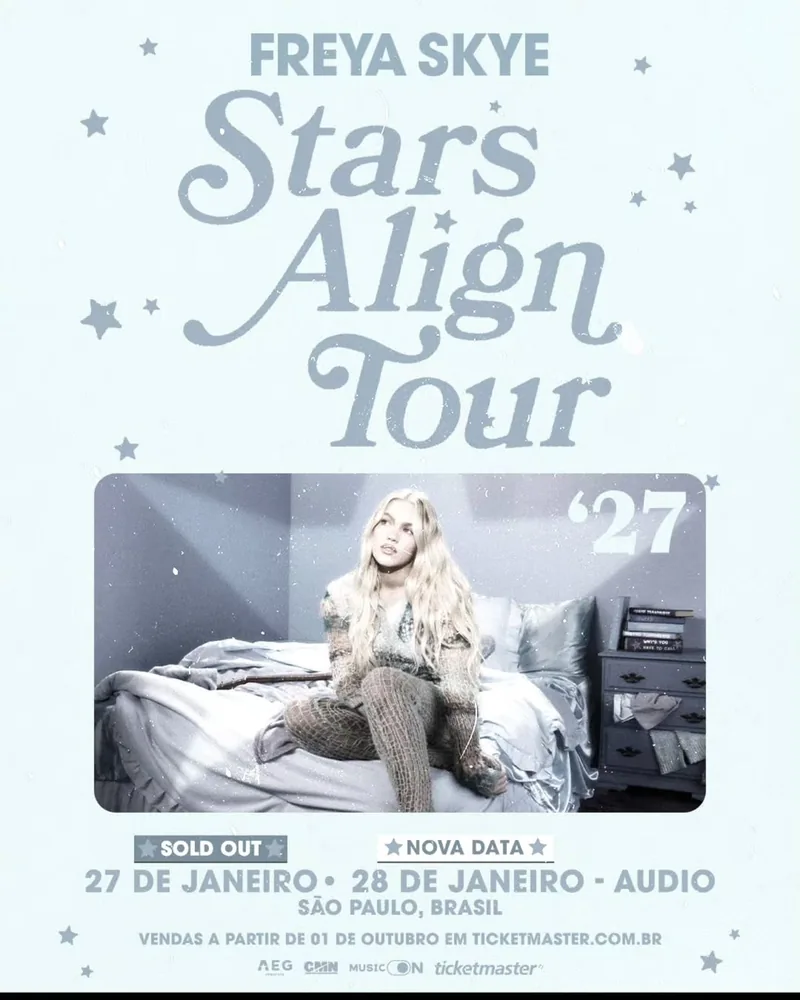 Arte oficial Freya Skye Stars Align Tour 2027: show de 27 de janeiro esgotado e nova data 28 de janeiro na Audio em São Paulo