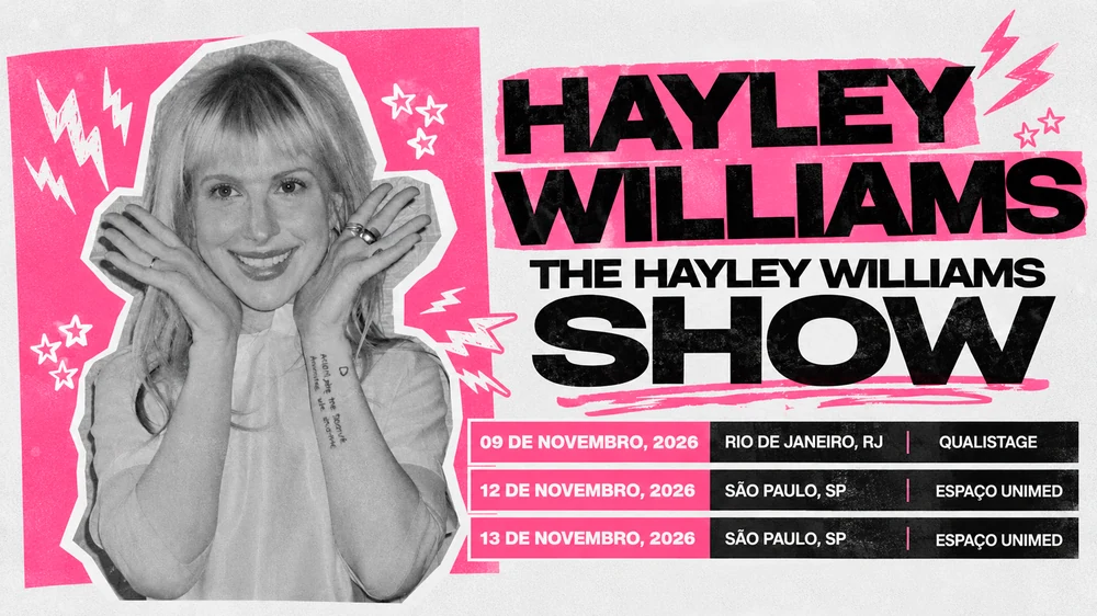 Hayley Williams em preto e branco, arte rosa e as três datas: 9 de novembro no Qualistage, Rio; 12 e 13 de novembro no Espaço Unimed, São Paulo, em 2026.