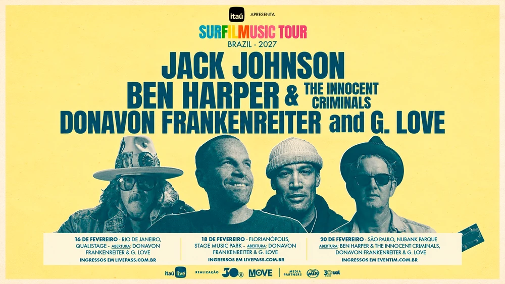 Cartaz amarelo da SURFILMUSIC Tour Brasil 2027 com Jack Johnson, Ben Harper, Donavon Frankenreiter e G. Love; datas no Rio, em Florianópolis e São Paulo