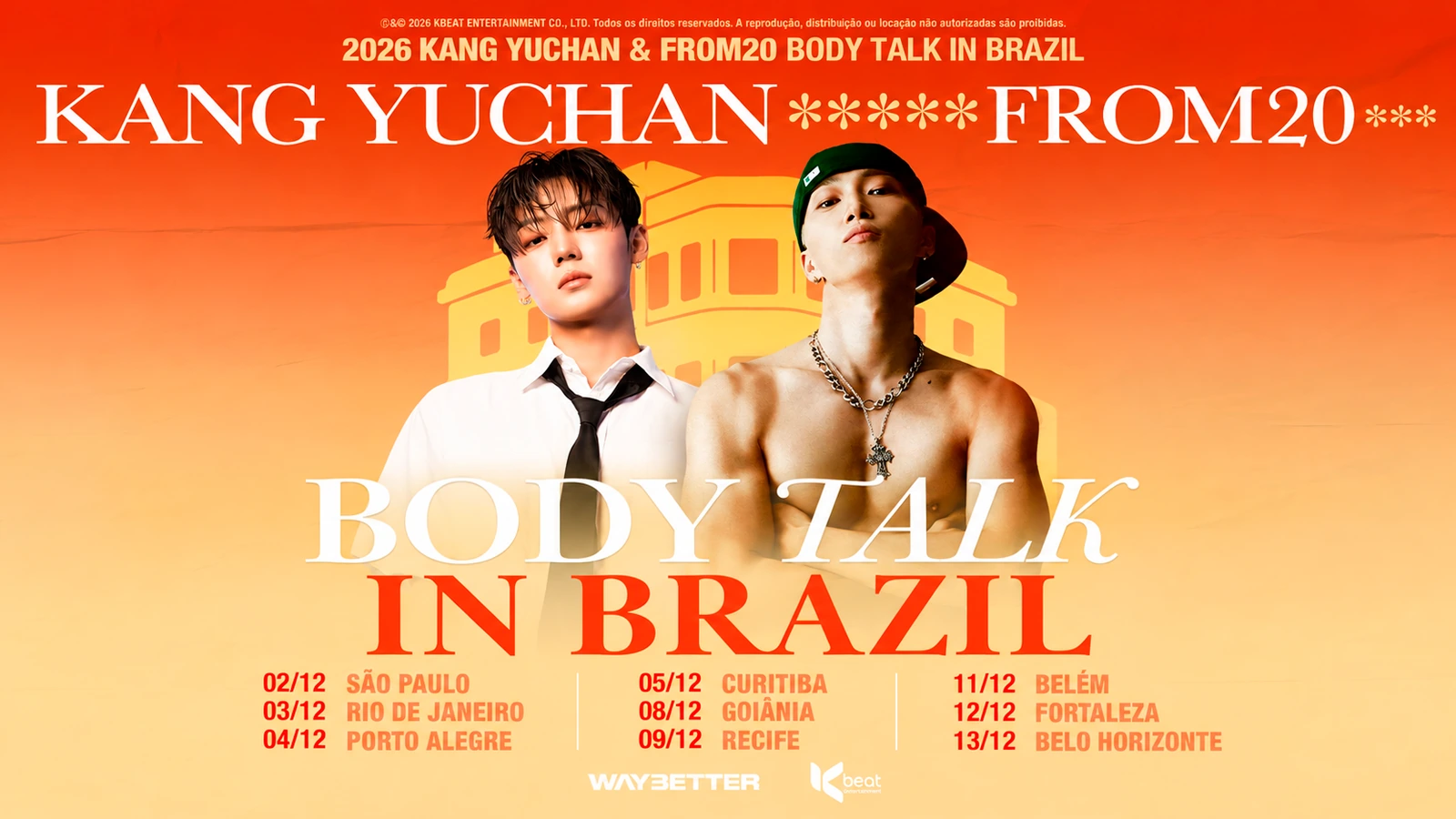 Pôster BODY TALK IN BRAZIL com Kang Yuchan, from20 e as nove datas da turnê brasileira de dezembro de 2026