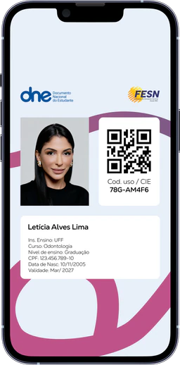 Exemplo institucional da Carteirinha de Estudante FESN no celular, com QR Code de validação