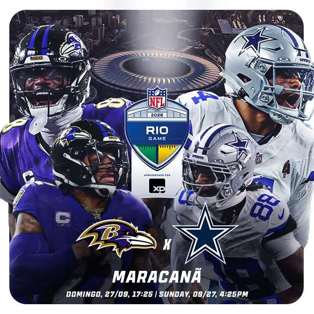 Arte do NFL Rio Game 2026 com Ravens, Cowboys e o Estádio do Maracanã