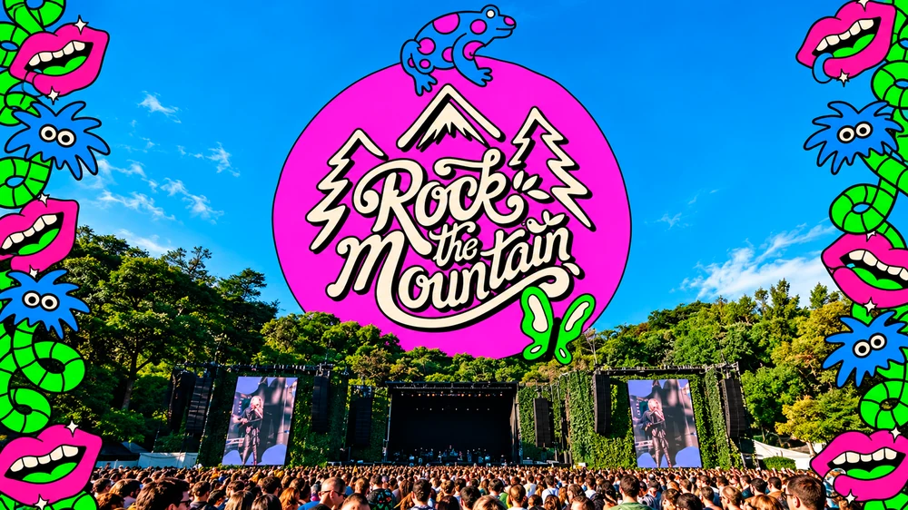 Rock the Mountain: marca creme em círculo rosa sobre céu azul, floresta, palco e público, com ilustrações coloridas nas laterais