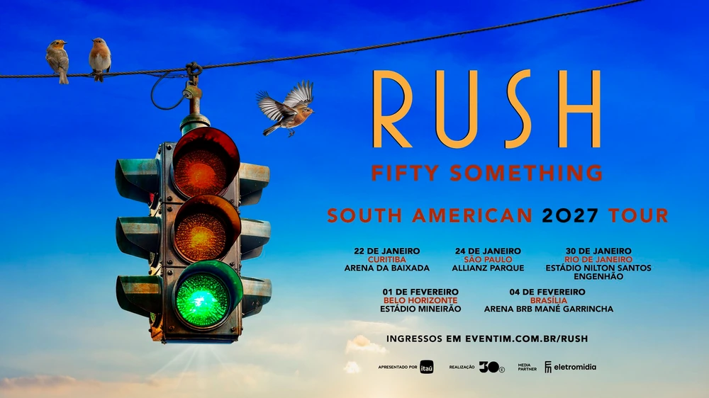 Arte promocional Rush Fifty Something South American Tour 2027, com céu azul, pássaros, semáforo verde e as cinco datas originalmente anunciadas