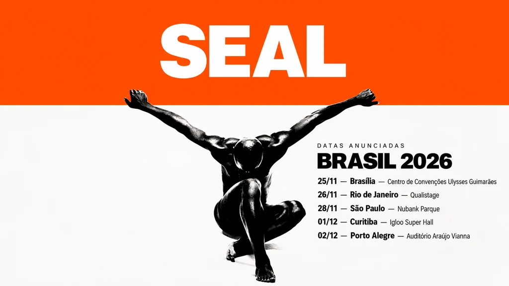 Arte da turnê de Seal no Brasil em 2026, com datas em Brasília, Rio de Janeiro, São Paulo, Curitiba e Porto Alegre