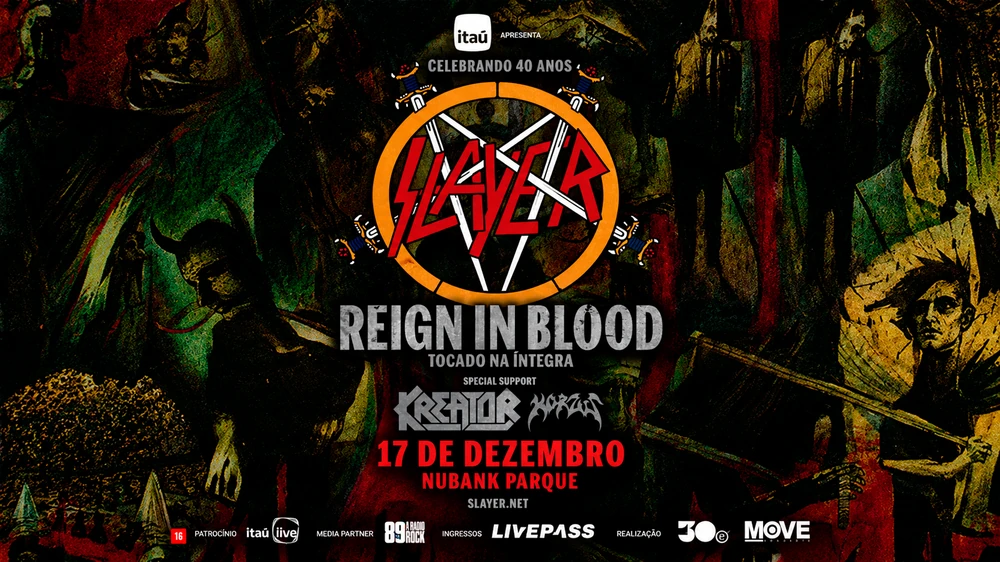 Arte oficial do Slayer com logotipo vermelho, Reign in Blood 40 anos, Kreator e Korzus, 17 de dezembro no Nubank Parque