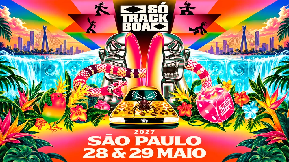 Só Track Boa 2027: arte enviada do festival, com identidade tropical colorida, carro, logotipo e datas 28 e 29 de maio em São Paulo