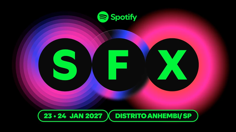 Arte Spotify SFX com círculos verdes, efeitos magenta e roxo, datas 23 e 24 de janeiro de 2027 e Distrito Anhembi, São Paulo