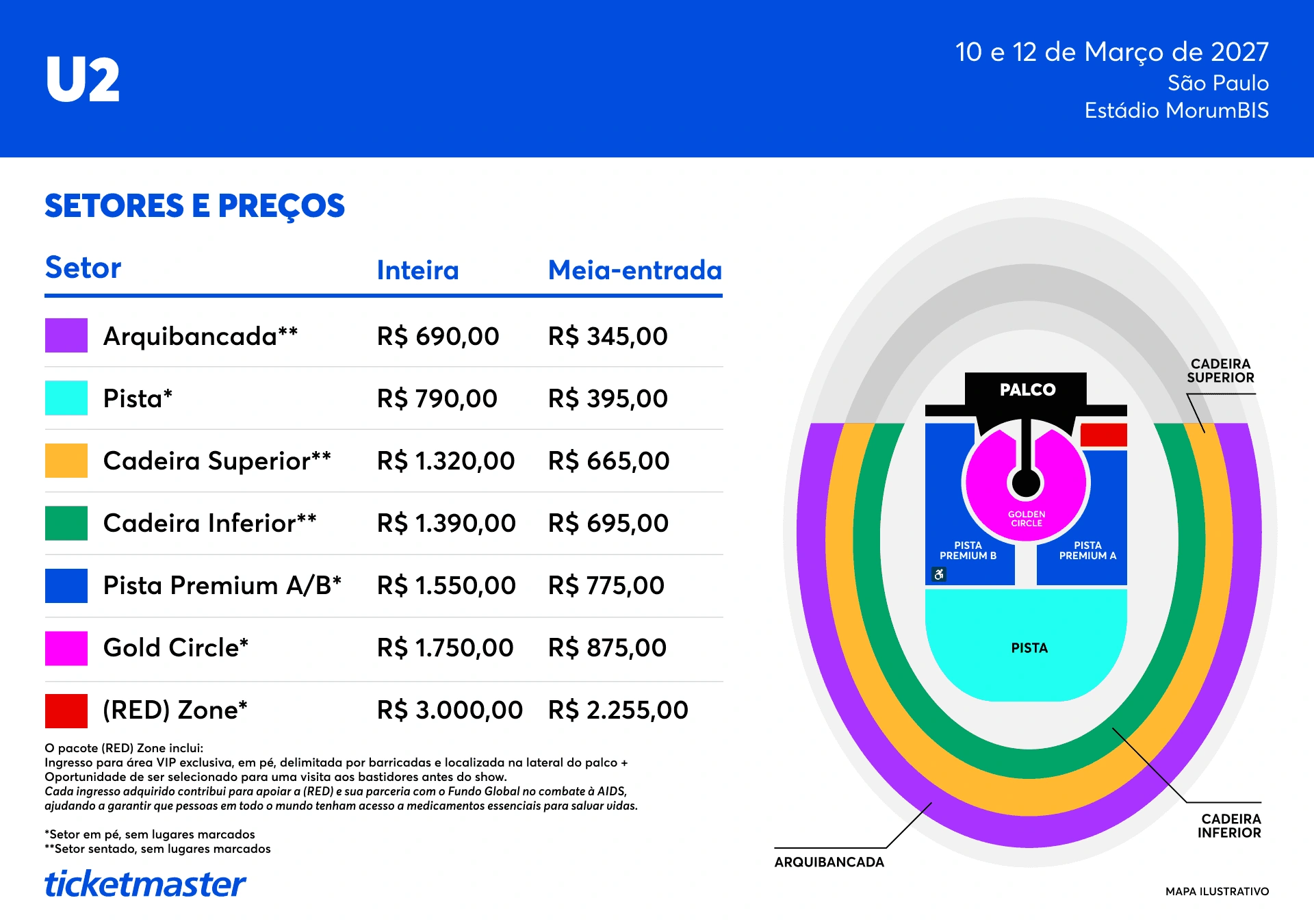 Mapa ilustrativo oficial da Ticketmaster para U2 no MorumBIS com palco, Gold Circle, Pista Premium A/B, pista, cadeiras, arquibancada e RED Zone