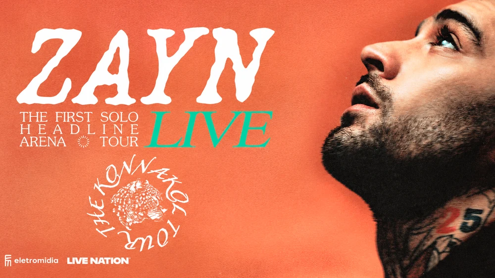 Arte oficial enviada do ZAYN: fundo coral, logotipo branco, LIVE turquesa e fotografia do artista à direita